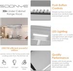 SOONYE 30 inch Stainless Steel Under Cabinet Range Hood, Slim Kitchen Vent Hood Ducted/Ductless Convertible with 3 Speed Controls, 5-Layer Aluminum Filters,LED Lights