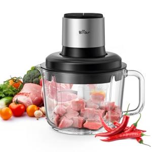 Bear Food Processor, Electric Food Chopper with 8 Cup/2L Handheld Glass Bowls, No-Hole 4 Bi-level Stainless Steel Blades for Easy Cleaning, 2 speed 250W Power Motor Grinder for Meat, and Baby Food