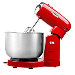 OVENTE Electric Stand Mixer with 3.5 Quarts Stainless Steel Mixing Bowl, 5 Speed Portable and Lightweight 250W Kitchen Mixer for Everyday Use, Includes 2 Egg Beater Whisk and Dough Hook, Red SM680R