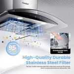 COMFEE' Curved Glass Range Hood 30 Inch 450 CFM 3 Speed Gesture Sensing &Touch Control Panel Stainless Steel kitchen Ductless/Ducted Convertible with Baffle Filters and 2 LED Lights (CVG30W9AST)