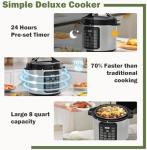 Simple Deluxe 16-in-1 Electric Pressure Cooker, 8QT Stainless Steel & Non-Stick Multi Cooker for Slow Cook, Meat Stew, Cake, Porridge, Multigrain, Dishwasher Safe, Silver