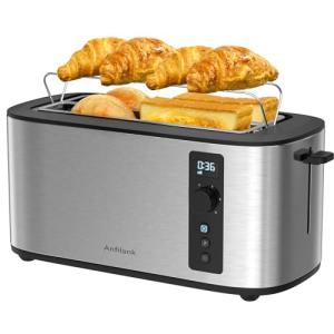 Anfilank Toaster 4 Slice Long Extra Wide Slot 1.5" with Countdown Timer, 6 Browning Settings, Built-in Warming Rack, Bagel/Cancel/Defrost Functions, Removable Crumb Tray-Stainless Steel