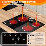 4 Burner Electric Cooktop, TOPWISH 24 Inch, Built-in Electric Stove Top, 220-240v Radiant Cooktop with Child Lock, Touch Control, Residual Heat Indicator, Overheat Protection, Hard Wire (No Plug)