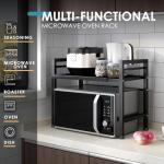 DOLALIKE Microwave Oven Rack, Expandable Microwave Stand Countertop Kitchen Utensils Tableware Storage, Carbon Steel Over Microwave Shelf Countertop with 3 Hooks