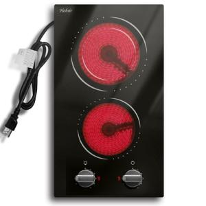 Hobsir 2 Burner Electric Cooktop, 110v Electric Stove Top Burner 12 inch Knob Control Countertop & Built-in Radiant Electrics Stove with Residual Heat Indicator, Over-Temperature Protection