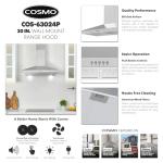 COSMO COS-63024P 30 in. Nebula Collection 250 CFM Ducted Wall Mount Range Hood, Button Control, LED Lights, Mesh Filters, Stainless Steel