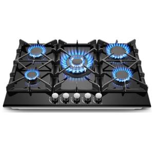 Gas Cooktop 30 Inch, Amzgachfktch 5 Burners Gas Stove, Built-in NG/LPG Convertible Gas Stove Top, Black Tempered Glass Propane Cooktop with Thermocouple Protection