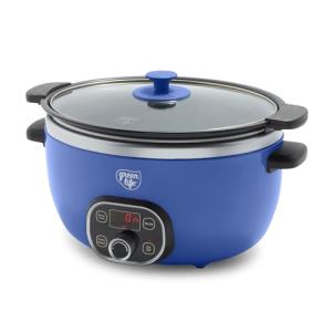 GreenLife 6QT Slow Cooker, Non-Toxic PFAS-Free Ceramic Nonstick Removable Interior Bowl, Programmable, Family Friendly, Keep Warm, Stovetop & Oven Safe, Dishwasher Safe Parts, Timer, Glass Lid, Blue