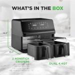 Nutrichef Double Basket Air Fryer 8.8 QT | Family Size Oil Free Airfryer with Transparent Window | 9-1 Preset Cooking Options | 360° Hot Air Circulation Technology | 4.4 QTs per Basket | Black