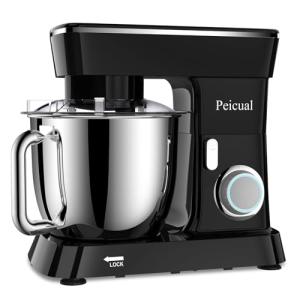 Peicual Stand Mixer, 6QT 10+P Speed Tilt-Head Kitchen Electric Mixer, Food Mixer with Stainless Steel Bowl, Dough Hook, Flat Beater, Wire Whisk, Splash Guard for Daily Use - Black