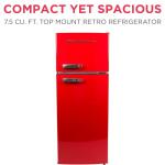Frigidaire Retro Top Mount Upright Fridge-Freezer Combo, Apartment Size Fridge with Freezer 7.5 cu. ft. capacity - 23.2" D x 21.5" W x 55.5" H (Red)