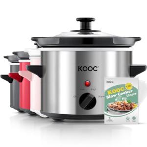 KOOC Small Slow Cooker, 2 Quart, Free Liners Included for Easy Clean-up, Upgraded Ceramic Crock, Adjustable Temp, Nutrient Loss Reduction, Stainless Steel, Silver, Round
