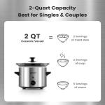 KOOC Small Slow Cooker, 2 Quart, Free Liners Included for Easy Clean-up, Upgraded Ceramic Crock, Adjustable Temp, Nutrient Loss Reduction, Stainless Steel, Silver, Round