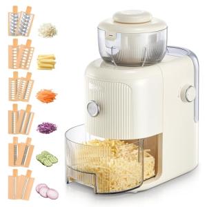 FOHERE Multifunctional Electric Cheese Grater, 6 Blades & 1.8L Container Nut Chopper, Vegetable Slicer, Food Slicer for Onion, Carrot, Cucumber (White)