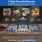 Amzgachfktch Gas Cooktop 36 inch with 5 Italy Sabaf Sealed Burners, Max 48,300 BTU Built-in Gas Stove Top, Propane Cooktop with 304 Stainless Steel Panel, NG/LPG Convertible, CSA Certified