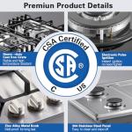 Amzgachfktch Gas Cooktop 36 inch with 5 Italy Sabaf Sealed Burners, Max 48,300 BTU Built-in Gas Stove Top, Propane Cooktop with 304 Stainless Steel Panel, NG/LPG Convertible, CSA Certified