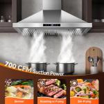 Tieasy Wall Mount Range Hood 30 inch Kitchen Hood 700 CFM with Ducted/Ductless Convertible Duct, Touch Control, Permanent Filters, Stainless Steel, 3 Speed Exhaust Fan, LED Light
