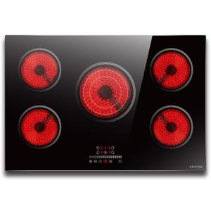 Noxton Electric Cooktop 30 Inch Electric Stove 5 Burners, Built-in Electric Ceramic Cooktop, 9 Heating Level, Pause, Timer, Child Safety Lock, Triple Ring, 220V Hardwire