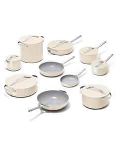 Caraway 22-Piece Nonstick Ceramic Cookware Set - Includes Fry Pans, Sauce Pan, Sauté Pan, Dutch Oven, Petite Cooker, Stir Fry Pan, Rondeau, Stock Pot, Lids & Storage Organizers - Cream