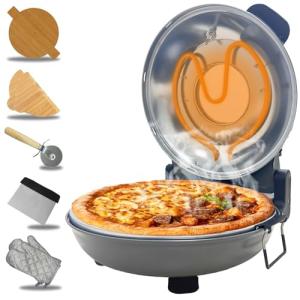 ECUMFFY Pizza Oven Indoor, 12 Inch Retro Pizza Maker, Rapid Heating 800˚F, 1200W Glazed Ceramic Stone Electric Pizza Cooker, Two-button Precise Temperature Control, Viewing Window for Precise Cooking