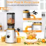 Cold Press Juicer, Masticating Juicer with Large Feed Chute Fit Whole Fruits & Vegetables，Stainless Steel Slow Masticating Juicer Easy to Clean, 99.6% Juice Purity, Metallic Silve