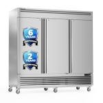 Coolski Commercial Freezer 82" W, 72 Cu.ft Stainless Steel Reach In Upright Freezer 3 Door, Auto-Defrost, 12 Adjustable Shelves, -13 to -5℉ Temp Control, LED Light, 5 Wheels