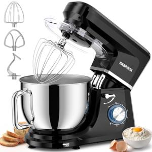 Babroun Dough Mixer 8.45 QT Electric Mixer - 660W 6 Speed Large Capacity Kitchen Stand Mixer with Whisk Dough Hook Mixing Beater Household Food Mixer for Baking Cakes Cookie Bread Salad (Black)