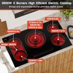 Karinear 36 Inch Electric Cooktop, 5 Burners Electric Stove Top, Flexible Bridge &Triple Ring Expandable Burners, Pause, Timer, Child Safety Lock, 9600W Built-in Ceramic Cooktop for 220-240V Hard Wire