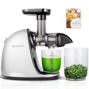Cold PressJuicer,AMZCHEF Slow Masticating Juicer Machines with Reverse Function, High Juice Yield, Easy Clean with Brush,Recipes for High Nutrient Fruits and Vegetables, White(Updated)