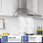 VIKIO HOME Wall Mount Range Hood 30 inch, 580 CFM, Ducted/Ductless Convertible, Stainless Steel Kitchen Vent Hood with 3-Speed Fan and LED Lights