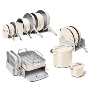 Caraway 31-Piece Ceramic Cookware Bundle - Fry Pans, Saucepans, Sauté Pan, Dutch Oven, Petite Cooker, Stir Fry, Rondeau, Stock Pot, Grill & Griddle Pans, Roasting Pan, Racks, Organizers - Cream