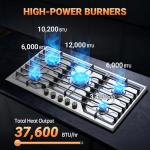 Gas Cooktop 36 Inch ROVLEP, Gas Stove Top Built-in 4 Burners Stainless Steel Total 37,600 BTU, 36 Inch NG/LPG Convertible Propane Cooktops Dual Fuel, RV Stove Top with Thermocouple Protect