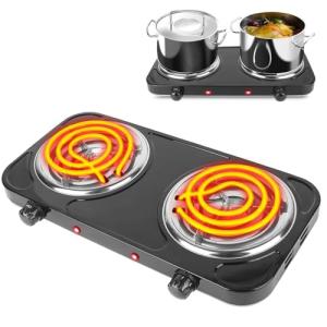 TeqHome Hot Plate, 2000W Portable Electric Stove for Cooking with 5 Levels Adjustable Temperature & Dual Control, Countertop Double Coil Burner Cast Iron Cooktop for All Cookwares Home Camp RV (Black)