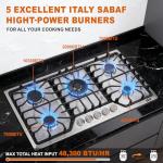 AMZRVSTUDIO 30 inch Gas Cooktop with 5 Italy SABAF Powerful Burners.Max 48,300 BTU/hr Built-in Gas Stove top of 304 Stainless steel,NG/LPG Convertible,ETL.