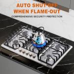 AMZRVSTUDIO 30 inch Gas Cooktop with 5 Italy SABAF Powerful Burners.Max 48,300 BTU/hr Built-in Gas Stove top of 304 Stainless steel,NG/LPG Convertible,ETL.