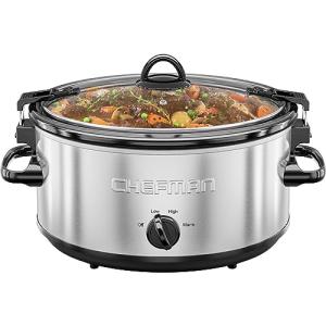 Chefman 6 Quart Slow Cooker with Locking Lid, Ceramic Crock with Portable Cook and Carry Travel Latching Lock, Large Easy Clean Dishwasher Safe Pot Insert, Manual 3 Heat Settings, Stainless Steel
