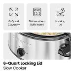 Chefman 6 Quart Slow Cooker with Locking Lid, Ceramic Crock with Portable Cook and Carry Travel Latching Lock, Large Easy Clean Dishwasher Safe Pot Insert, Manual 3 Heat Settings, Stainless Steel