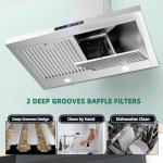 FIREGAS Range Hood 30 inch, Wall Mount Kitchen Hood in Stainless Steel With Ducted/Ductless Convertible, Stove Vent Hood with Permanent Filters, 3 Speed Exhaust Fan, LED Lights, Touch Control