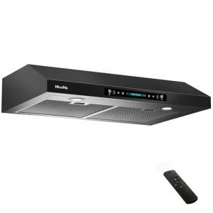 HisoHu 30 Inch Under Ducted Cabinet Range Hood with 1200 CFM, 4 Speed Gesture Sensing Kitchen Exhaust Hood & Touch Control Panel, Stainless Steel Stove Vent Hood with 2 LED Lights（Black）