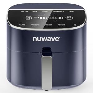 Nuwave Brio Plus 8 Qt Air Fryer, PFAS Free, New & Improved, Digital Touch Screen, Cool White Display, 50°F~400°F in Precise 5°, 5 Cook Functions, 100 Presets & 50 Memory, 3 Wattages 700, 1500, 1800