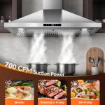 Tieasy Range Hood 36 inch Wall Mount Kitchen Hood 700 CFM with Ducted/Ductless Convertible Duct, Touch Control, Permanent Filters, Stainless Steel, 3 Speed Exhaust Fan