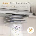 FIREGAS Under Cabinet Range Hood 30 inch with Brushless DC Motor, LED Light, 3 Speed Exhaust Fan, Reusable Aluminum Filters, Push Button,Stainless Steel Range Hood,with Charcoal Filter