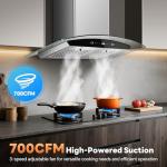 Range Hood 30 Inch, Tieasy Wall Mount Kitchen Hood with Ducted/Ductless Convertible Duct, Stainless Steel Chimney and Baffle Filters, Touch Control Fan Timer, LED Lights, 3 Speed Fan