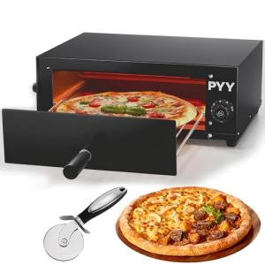 PYY Pizza Oven Electric - 12 Inch Tabletop Pizza Oven Indoor Stainless Steel Professional Pizza Cooker Baker Countertop with Timer & Crumb Tray for Home Restaurant 1100W,Black