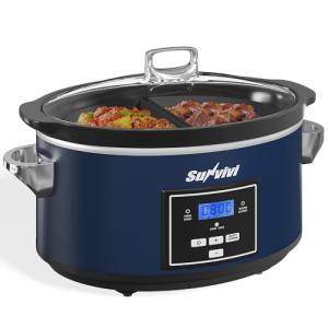 Sunvivi 6 Quart Programmable Slow Cooker with 2 in 1 Silicone Liners, Multi-Cooker Food Warmer with Digital Timer, Adjustable Tempature Control, Dishwasher Safe Parts, Blue