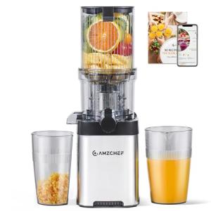 AMZCHEF Cold Press Juicer, Juicers Machines - Wide Mouth & Large Feed Chute for Whole Fruits & Vegetables, Stainless Steel Slow Masticating Juice Easy to Clean, Large Auger, Double Strainers