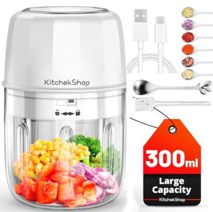 KitchekShop Electric Garlic Chopper, 300ML Portable Cordless Mini Food Processor, Rechargeable Vegetable Chopper Blender for Nuts Chili Onion Minced Meat and Spices BPA-Free(White)