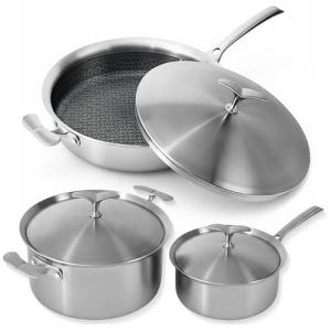 Stainless Steel Ceramic Cookware Set 6Pcs Pots and Pans Set Non Stick Steam-Return Lids 5 Ply Induction Non-Toxic Oven Safe Professional Kitchen Cooking Heavy Chef Quality | PFOA,PTFE & PFOS Free