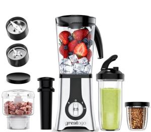 Greatogo Blender with Meat Grinder & 3 Jars (40oz/24oz/10oz) - 2-Speed Pulse Control for Smoothies, Ice Crushing, Frozen Fruit, Grinding & Mixing - Includes 17oz Food Processor, To-Go Cups