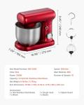 VEVOR Stand Mixer, 3 QT Electric Kitchen Mixer, 300W Dough-Mixer, 10 Speeds Tilt-head Food-Mixer with Stainless Steel Bowl, Dough Hook, Whisk, Beater, for Baking, Mixing, Whipping & Kneading, Red